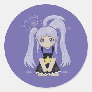 Cute Sad Girl Hand Drawn Illustration – It’s Okay Classic Round Sticker