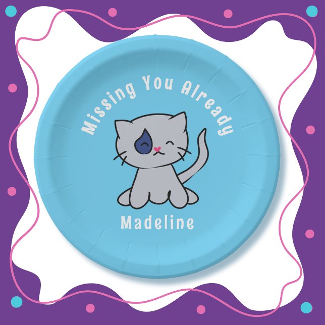 Cute Sad Grey Cat Cartoon Farewell Party Blue  Paper Plate (Creator Uploaded)