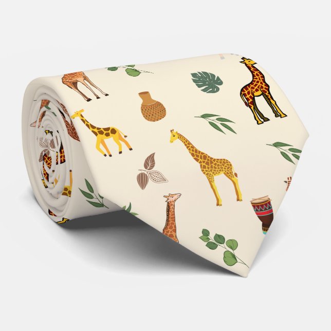 Cute Safari Africa Themed Giraffe Beige Tribal  Tie (Rolled)
