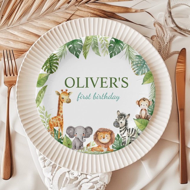 Cute Safari Animal 1st Birthday Paper Plates (Creator Uploaded)