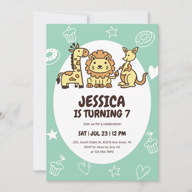 Cute Safari Animal Cartoon Zoo Party Kids Birthday Invitation (Front)
