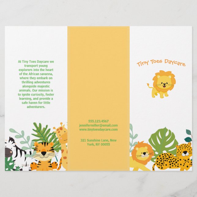 Cute Safari Animal Child Daycare Business Brochure (Front)