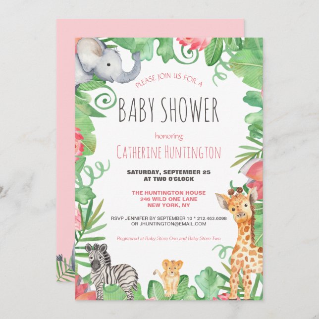 Cute Safari Animal Topical Floral Baby Shower  Invitation (Front/Back)