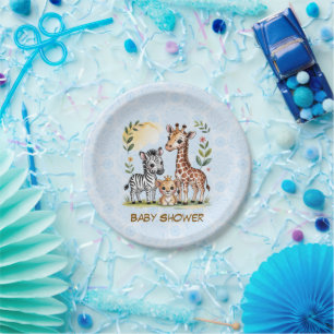 Cute Safari Animal Trio Boy Baby Shower Paper Plate