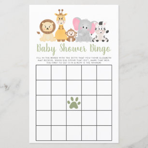 Cute Safari Animals Baby Shower Bingo Game