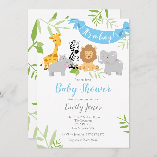 Cute Safari Animals Baby Shower Boy Invitation (Front/Back)