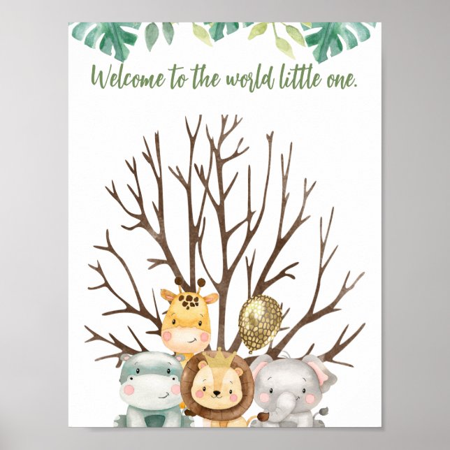 Cute Safari Animals Baby Shower Fingerprint Sign  (Front)