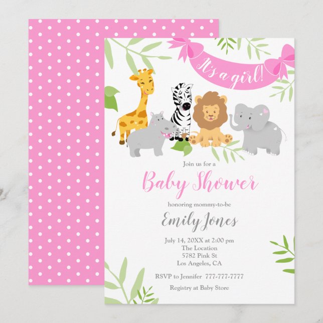 Cute Safari Animals Baby Shower Girl Invitation (Front/Back)