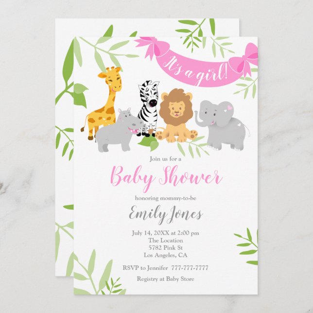 Cute Safari Animals Baby Shower Girl Invitation (Front/Back)