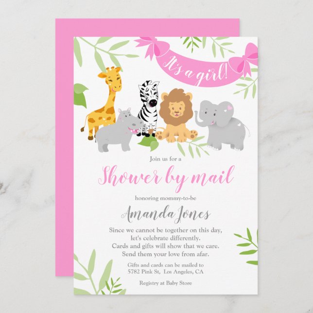 Cute Safari Animals Baby Shower Girl Invitation (Front/Back)