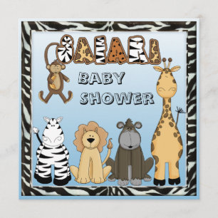 Cute Safari Animals Blue Baby Boy Shower Invitation