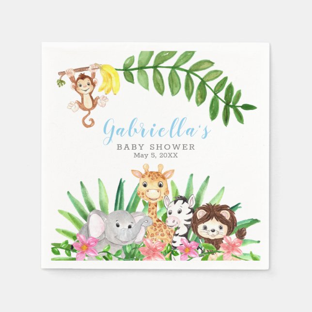 Cute Safari Animals | Blue Baby Boy Shower Napkin (Front)