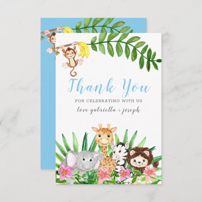Cute Safari Animals | Blue Baby Boy Shower Thank You Card (Front/Back)
