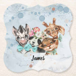 Cute Safari Animals blue jungle for kids Paper Coaster