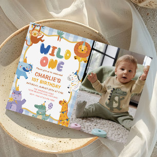 Cute Safari Animals Boy 1st Birthday Photo Invitation