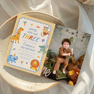Cute Safari Animals Boy 3rd Birthday Photo Invitation