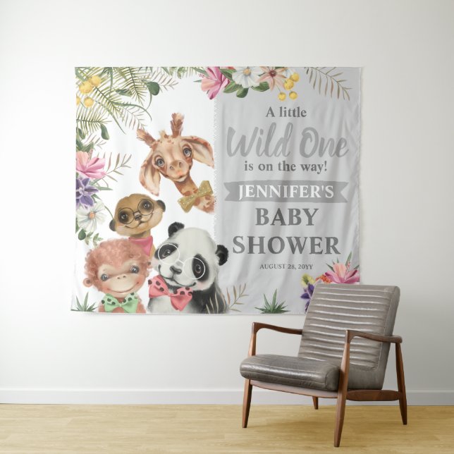 Cute Safari Animals Boy Baby Shower Backdrop Sign Tapestry (In Situ (Horizontal))