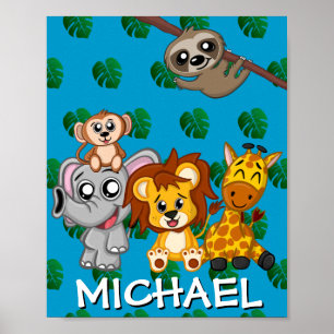 Cute Safari Animals Cartoon Jungle Name Blue Poster