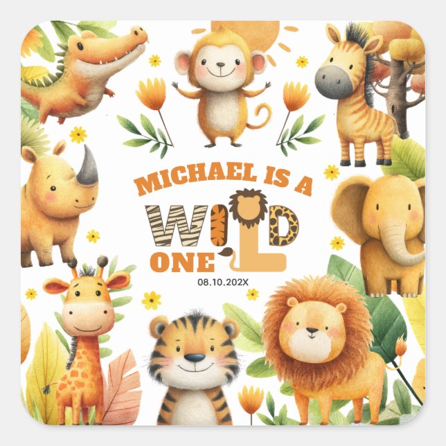 Cute Safari Animals Festive WILD ONE 1st Birthday  Square Sticker (Front)
