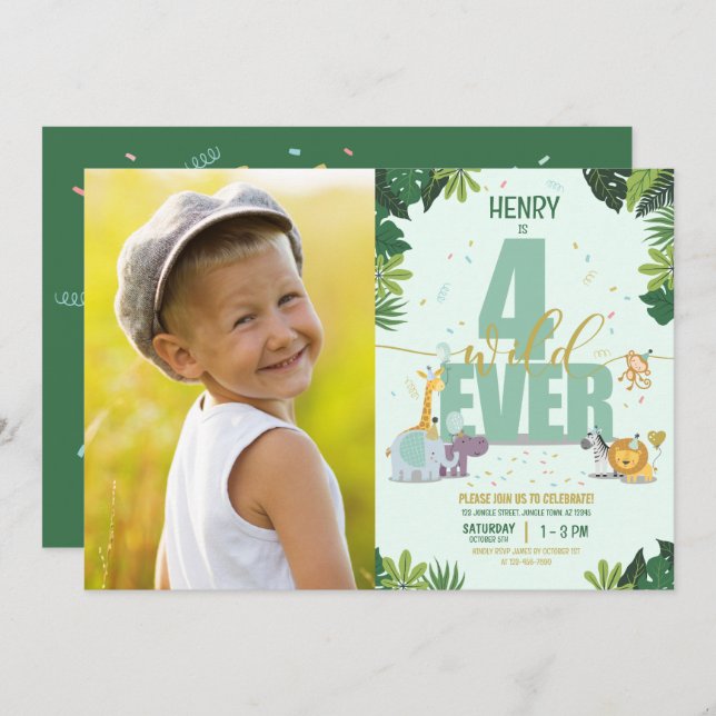 Cute Safari Animals Four Ever Wild Photo Birthday Invitation (Front/Back)