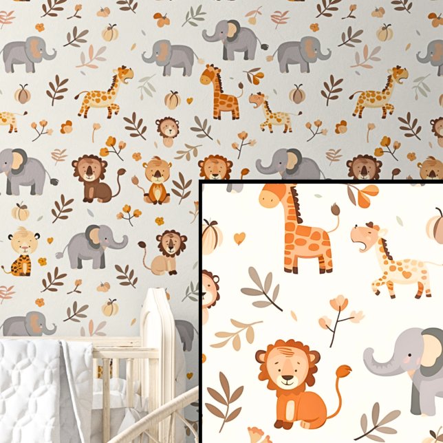 Cute Safari Animals Giraffe Elephant Lion on Cream Wallpaper (Creator Uploaded)