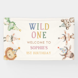Cute Safari Animals Girl 1st Birthday Banner