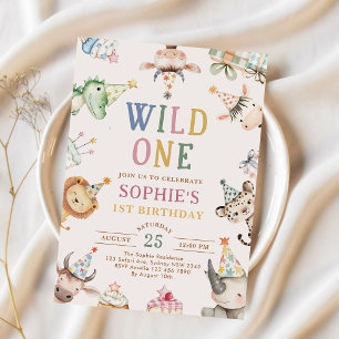 Cute Safari Animals Girl 1st Birthday Invitation