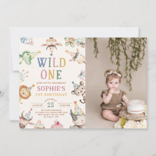 Cute Safari Animals Girl 1st Birthday Photo Invitation