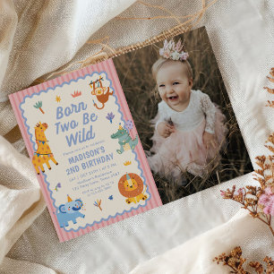 Cute Safari Animals Girl 2nd Birthday Photo Invitation