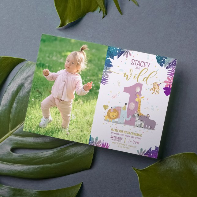 Cute Safari Animals Girl Wild One Photo Birthday Invitation (Creator Uploaded)