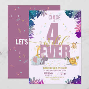 Cute Safari Animals Girls Four Ever Wild Birthday Invitation
