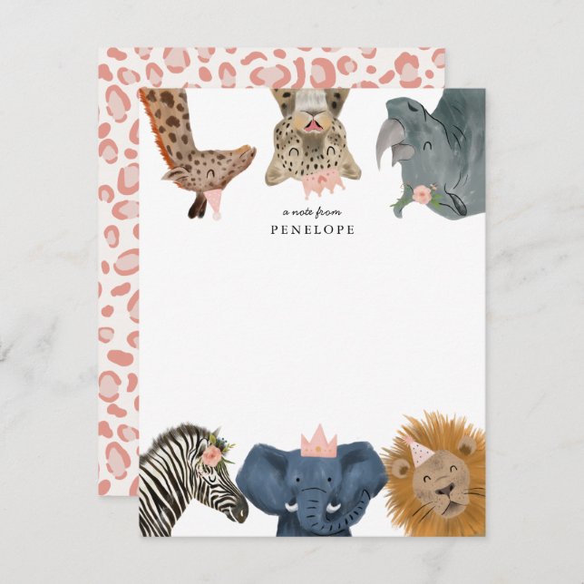 Cute Safari Animals Girls Note Card (Front/Back)