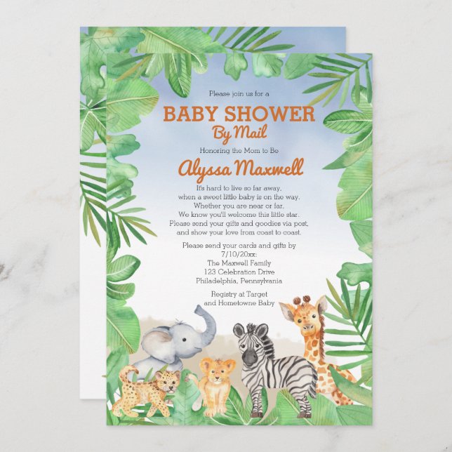 Cute Safari Animals | Greenery Baby Shower by Mail Invitation (Front/Back)