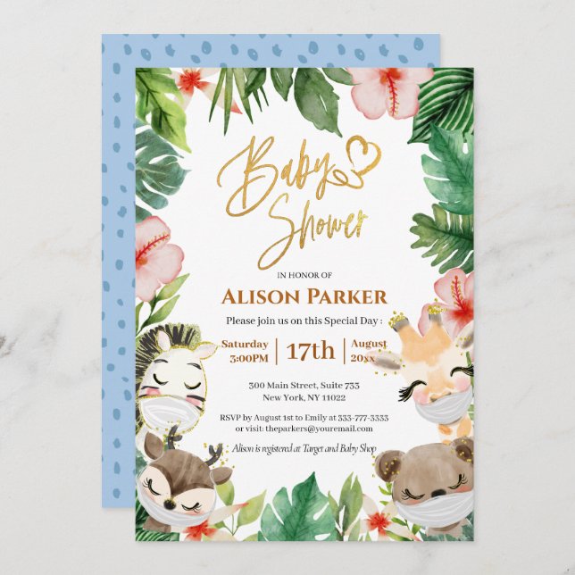 Cute Safari Animals Jungle Greenery Baby Shower Invitation (Front/Back)