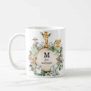 Cute Safari Animals Jungle Greenery Boy Monogram Coffee Mug