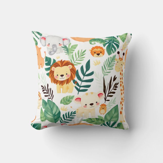 Cute Safari Animals Jungle Pattern Cushion (Front)