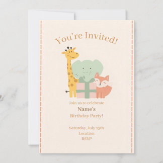 Cute Safari Animals Kids Birthday Invitation Card