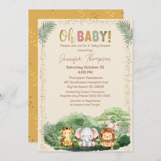 Cute  Safari Animals Nature Beige Baby Shower  Invitation (Front/Back)
