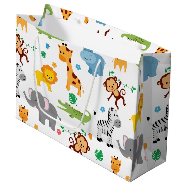 Cute Safari Animals Nursery Pattern Large Gift Bag (Front Angled)