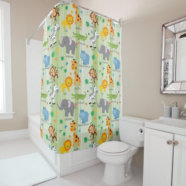 Cute Safari Animals Nursery Pattern Shower Curtain (In Situ)