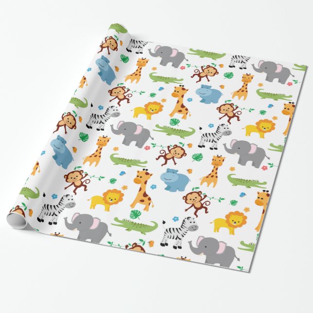 Cute Safari Animals Nursery Pattern Wrapping Paper (Unrolled)