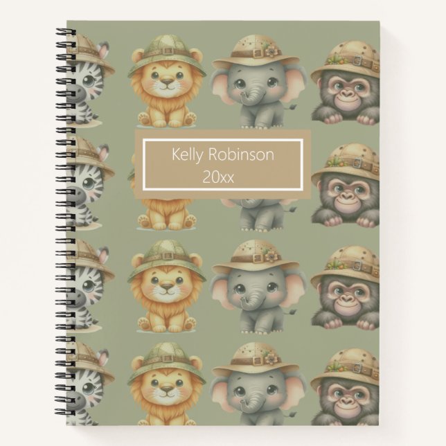 Cute Safari Animals Pattern Name Spiral Notebook (Front)