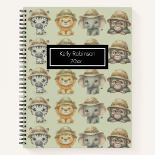 Cute Safari Animals Pattern Name Spiral Notebook