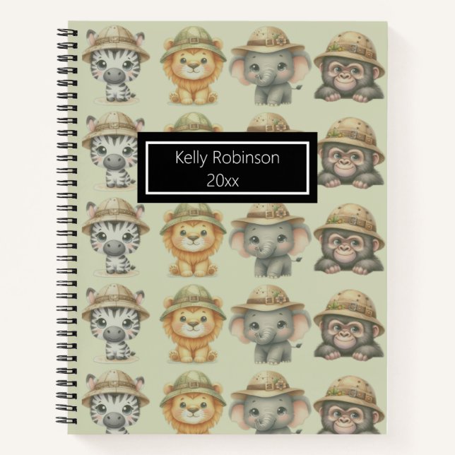 Cute Safari Animals Pattern Name Spiral Notebook (Front)
