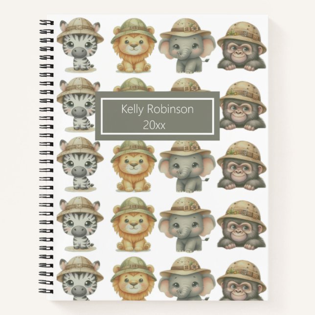 Cute Safari Animals Pattern Name Spiral Notebook (Front)