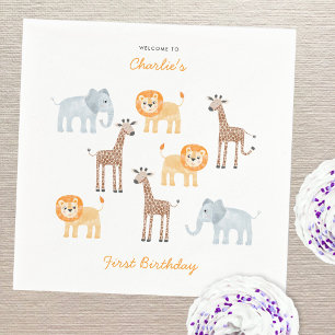Cute Safari Animals Personalised 1st Birthday Napkin