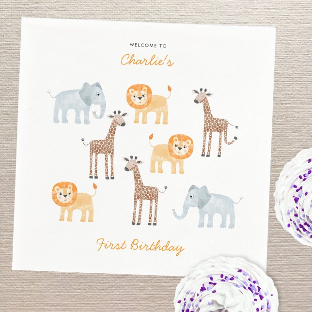 Cute Safari Animals Personalised 1st Birthday Napkin (Fun baby safari animals personalized first birthday party paper napkins)