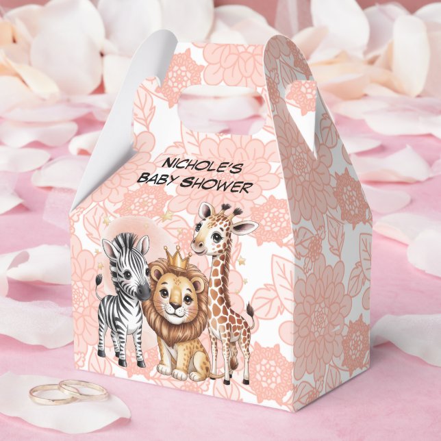 Cute Safari Animals Pink Florals Girl Baby Shower Favour Box (Wedding)