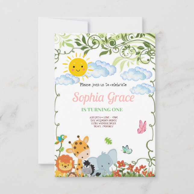 Cute Safari Animals primer cumpleaños Invitation (Front)