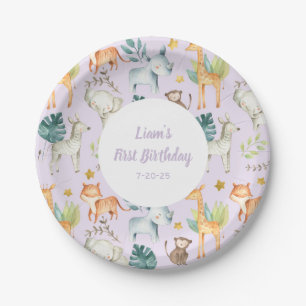 Cute safari animals purple girl 1st birthday paper plate